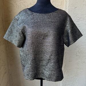 Lafayette 148 Metallic Gold Top Sz M Textured Short Sleeve Blouse Holiday